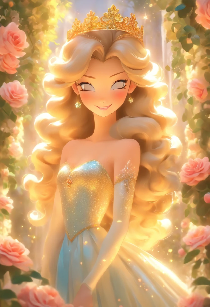 A girl with stunning blue eyes, a radiant smile, and flowing golden hair; wearing an elegant gown adorned with delicate flowers. The princess of the month of June gracefully stands in a magical garden, surrounded by blooming roses and vibrant summer foliage. The intricately designed crown on her head glistens under the sunlight, symbolizing her regal status. Her gentle gaze reflects the warmth and enchantment of the June season. The artwork is created using a combination of oil painting and 3D rendering techniques, resulting in a mesmerizing medium that brings the princess to life. With the best quality, 4k resolution, and ultra-detailed features, this masterpiece captures the princess's beauty with photorealistic precision. The vibrant colors and meticulous attention to detail further enhance the depth and realism of the image. Soft, warm hues dominate the color palette, accentuating the royal atmosphere of the scene. The garden is bathed in soft, golden sunlight, casting a warm glow and creating a dreamlike ambiance.