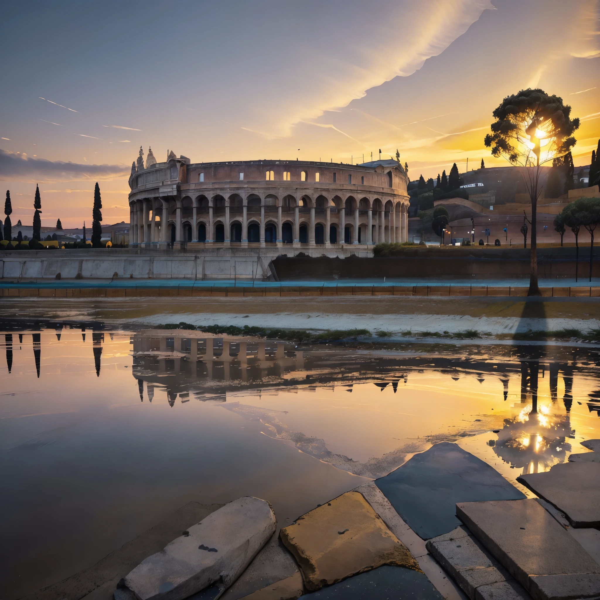 arch of constantine, concrete floor, trees around, a roman coliseum in the background, roman architecture, sunset, with the sunset light giving golden illumination to the place,HDR, ultra resolution, well defined, masterpiece, 8K HD.
