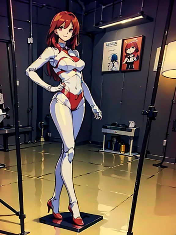 name,
 (highest quality, masterpiece, Raw photo),
 A girl whose whole body is mechanical,
 alone,
 looking at the viewer,
 smile,
 master piece,
 full body shot,
 Whole body aesthetics,
 ball jointed doll,
 Everything except the face is a machine,
 White frame except for face,
 Golden Collar,
 Pale red top,
 Pale red arm covers,
 Pale red bottoms,
 Pale red leg covers,