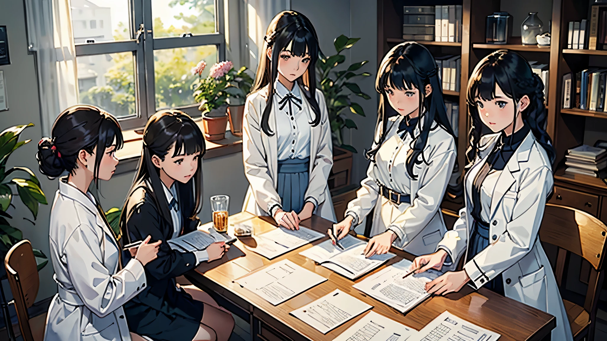 (highest quality、masterpiece、High resolution)、(Sargent-style watercolor)、(anime art)、soft light、((three women))、((The three are talking while looking at documents.))、17 years old、18-year-old、medium short hair、semi-long、hair up、black hair、dark brown hair、braided hair、glasses、detailed depiction of the face、small breasts、uniform、long skirt、((wearing a white coat))、白いブラウスとlong skirt、Institute of Earth Sciences、鉱物標Book、昆虫標Book、化石標Book、標Book棚、Book、Book棚、Laboratory instrument、Test tube、beaker、flask、Alcohol lamp、Labware、Floral、vase、window、Foliage plant、 blur the background、