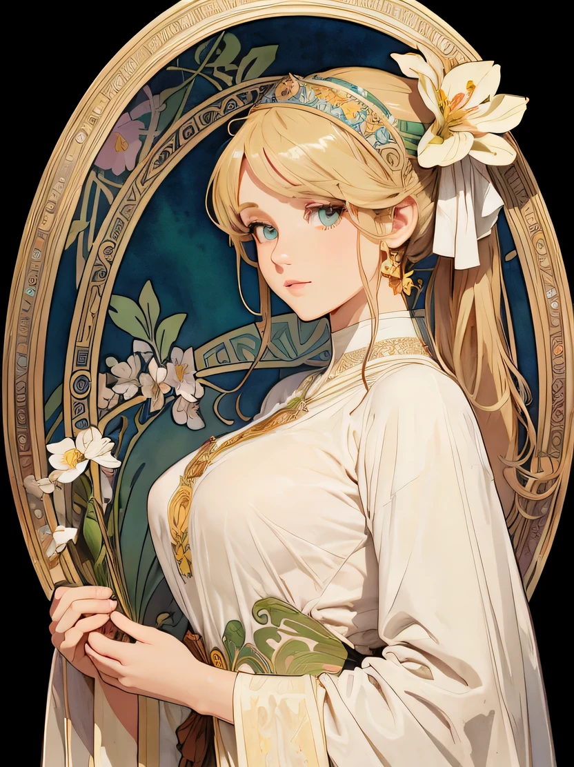 ((masterpiece、highest quality、Super fine、High resolution、photorealistic、sharp focus、cinematic lighting))、((1 female、bust shot))、art nouveau style watercolor、greek goddess、big breasts、Big eyes、long and thick eyelashes、pale skin、lip whole、green eyes、long thick blonde hair、high ponytail、sexy white robe、flower background、Beautifully decorated oval frame、Intricate designs and patterns in the style of Alphonse Mucha