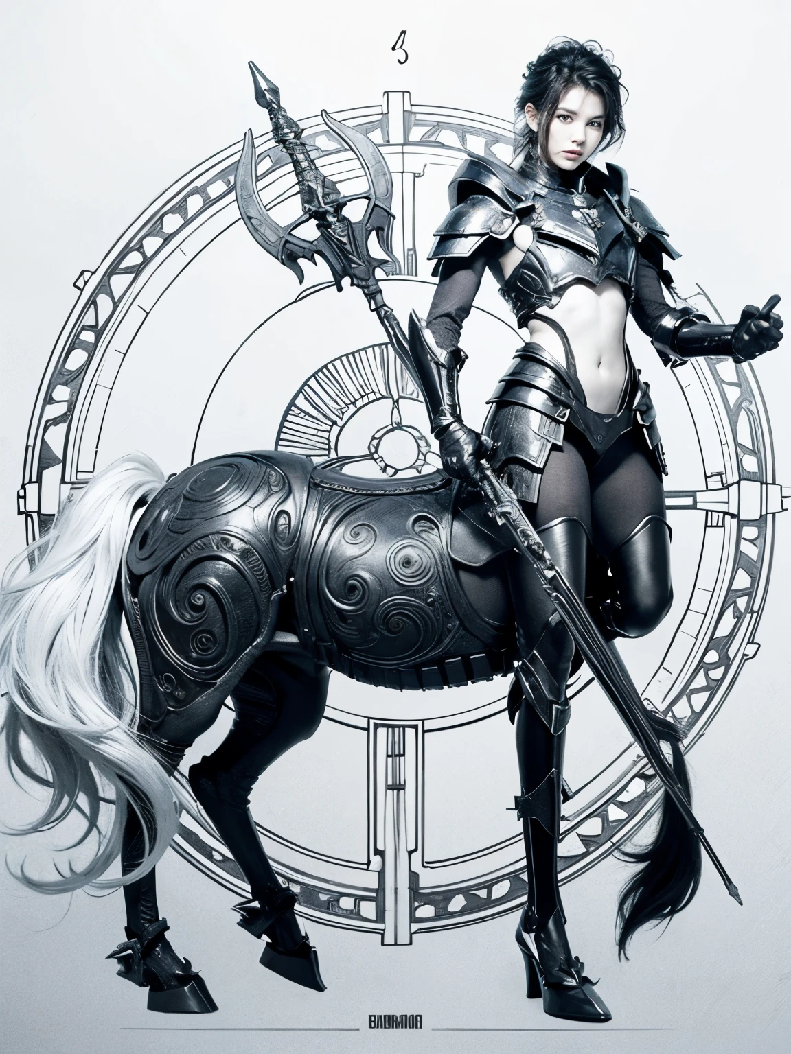 1 Centaur Warrior,(four legs),Upper body in armor,long legs,Left-handed long weapon,The head to body ratio is 1:8,anthropomorphic turtle,alone,draw line,Line drawing,pure white background,pencil drawing,Remove background,Graphic design sense,smooth black and white lines,Perfect Curve,simple clean lines,fluency,delicate face,No additional wiring required,Perfect hand movements,masterpiece,high quality,Volumetric light,