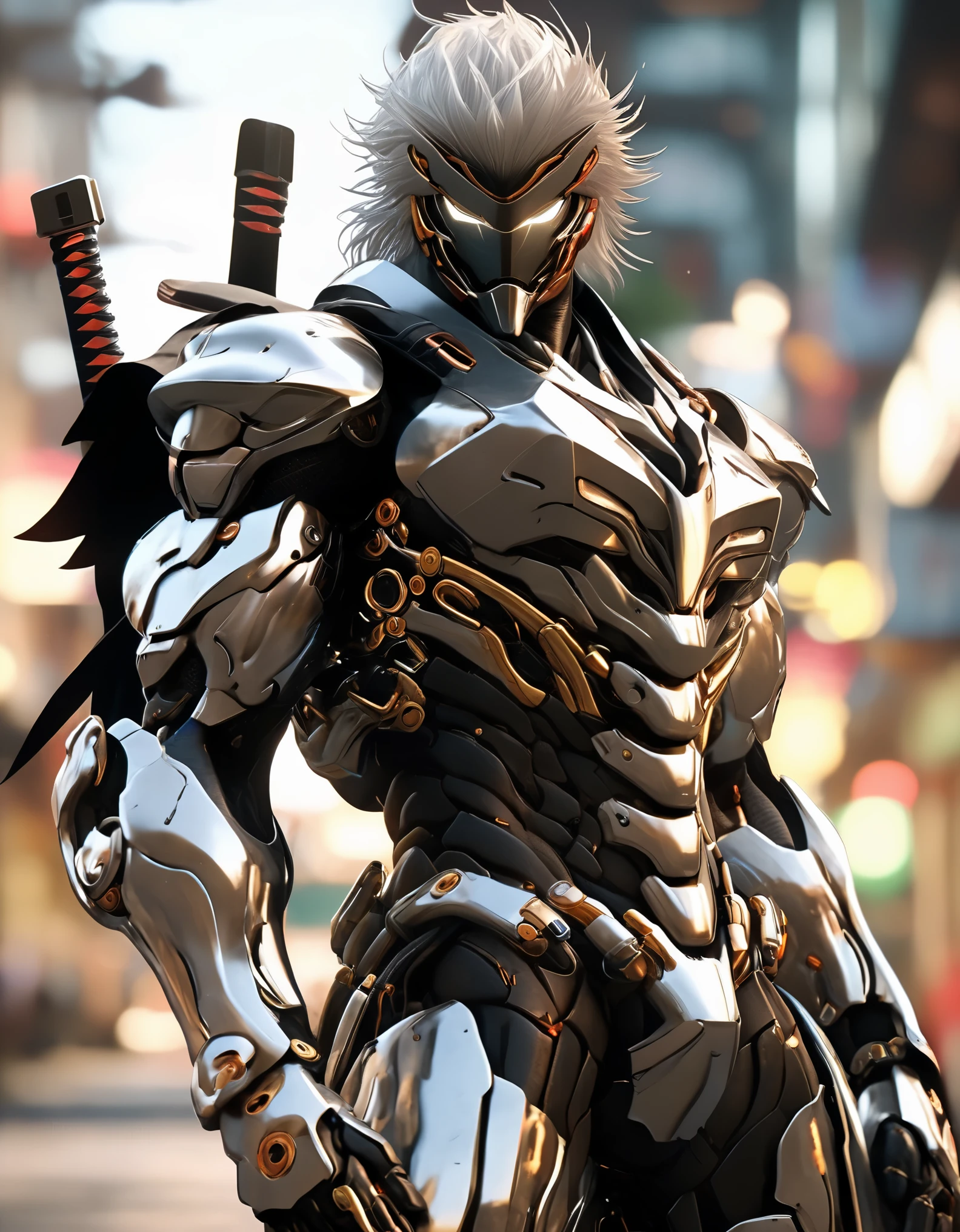 arafed man in a black suit with a sword and a helmet, covered in full metal armor, raiden metal gear, stylish cyborg armor, covered in full silver armor, movie still of a villain cyborg, cyborg samurai, cyborg ninja, raiden from metal gear rising, cyber japan style armor, black scales and cyborg tech, akihiko yoshida. unreal engine