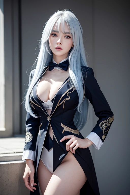 anime style、white skin、white hair、long hair、Hair with blue highlights、look up、The largest and most prominent、Colorful gas expression、seductive big breasts、woman、High-frequency detail (((sharpness))) 、( (sharp focus: 1.2))、puerosface_V1: 0.7)、(8K、highest quality)、Very large chest light)))、beautiful lighting、highly detailed face、well drawn hands、Well drawn legs、Well designed legs、exposed chest、(masterpiece: 1,2)、highest quality、masterpiece、High resolution、Original and highly detailed wallpaper、
information：Business service、Formal coat、Formal Wear、Jacket、black clothes、tie、Closed shirt