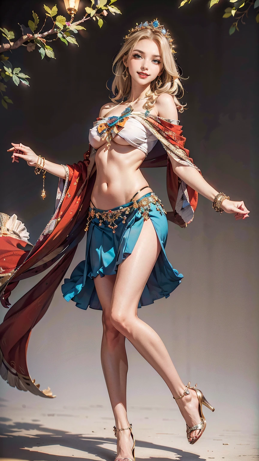 ((最high quality, 8K, masterpiece: 1.3, Ultra HD, high quality, 最high quality, High resolution, realism)) 、25 year old white woman、platinum blonde、blue eyes、long hair、hair above one eye、、smile、slender、A voluptuous, feminine body、I don't want my head to disappear from the screen.、Wear accessories on your wrist、Wearing red nail polish、I have a peticure、Shiny Underboob Top((underboob top))wear、Wear a low-rise pleated skirt、I'm wearing stiletto heels、smileになる、Pastel Orange Background、put your hands on your hips、shawl((shawl))put on over the shoulder