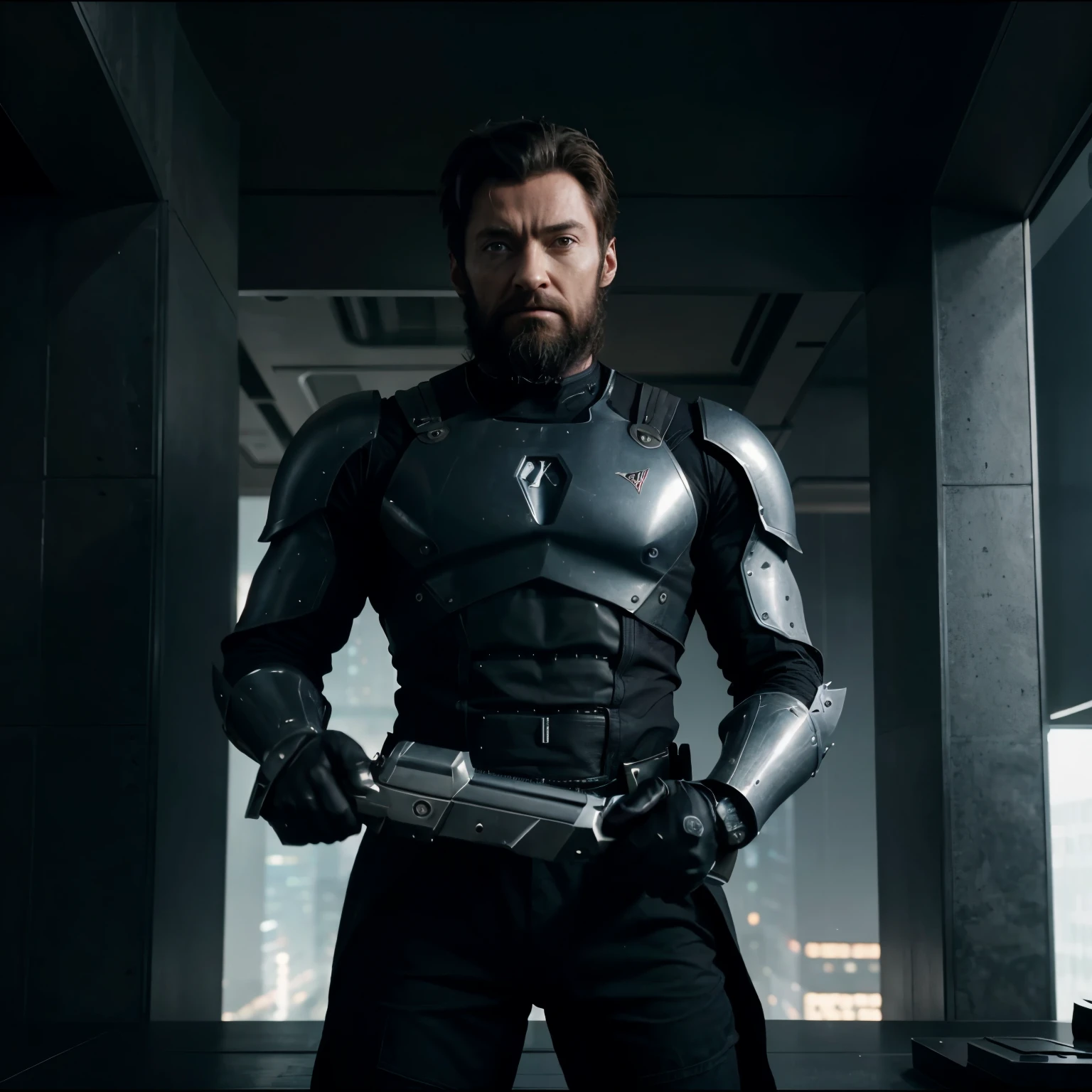 Hugh Jackman as a space warrior with a long and full beard, sporting a black and gray simple armor, in a futuristic alien cityscape, holding a sci-fi weapon, with a face identical to Hugh Jackman's.