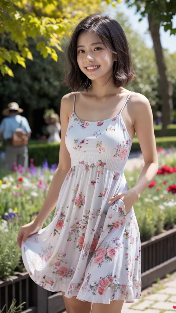 masterpiece, highest quality, disorganized, perfect anatomy, 1 girl, alone, pascal tales, short hair, beautiful, Hilarious, sunny day, botanical garden, Summer winds, sundress, Floral, wavy hair, smile