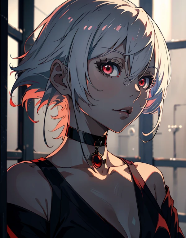 ((masterpiece, best quality)), (1girl, anime girl in dark prison),(mature), (solo), (female focus), (white hair, medium hair),red eyes, ((exposed shoulder, choker)), pale skin, evil, vicious, yandere, portraits, close up, upper body, vibrant colors, soft lighting