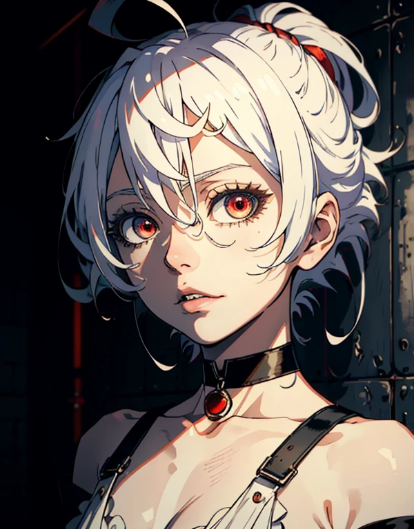 ((masterpiece, best quality)), (1girl, anime girl in dark prison),(mature), (solo), (female focus), (white hair, medium hair),red eyes, ((exposed shoulder, choker)), pale skin, evil, vicious, yandere, portraits, close up, upper body, vibrant colors, soft lighting