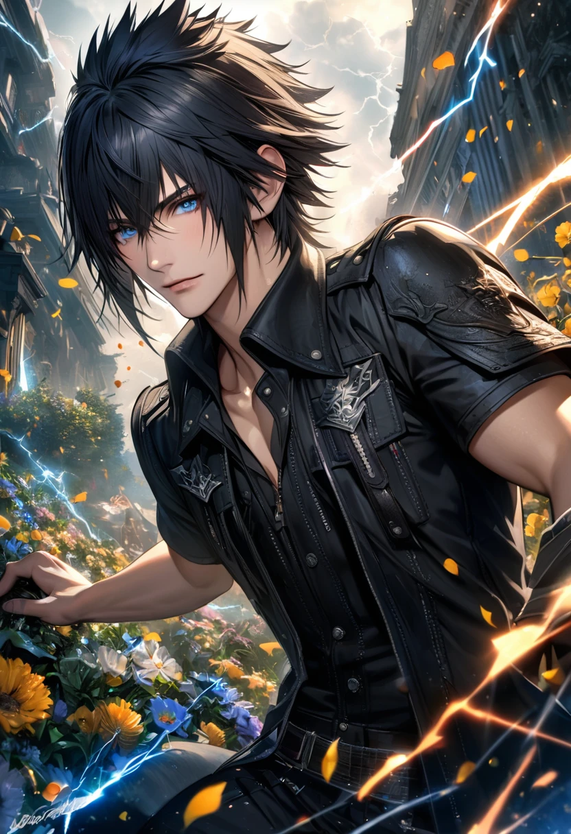 Ultra detailed, Highres, absurdres, HDR, Noctis Lucis Caelum, blue eyes, black hair, Final Fantasy XV, lightning, handsome, 1 man only, very detailed face and eyes, flowers and petals