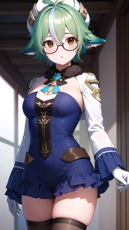 sucrose, sucrose, ahoge, animal ears, (brown eyes:1.5), glasses, gradient hair, hair between eyes, messy hair, multicolored hair, semi-rimless eyewear, short hair, green hair,
BREAK frills, fur collar, gem, gloves, green thighhighs, long sleeves, thighhighs, white headwear, zettai ryouiki, skirt, blue skirt,
BREAK indoors, laboratory,
BREAK looking at viewer, (cowboy shot:1.5),
BREAK (masterpiece:1.2), best quality, high resolution, unity 8k wallpaper, (illustration:0.8), (beautiful detailed eyes:1.6), extremely detailed face, perfect lighting, extremely detailed CG, (perfect hands, perfect anatomy),