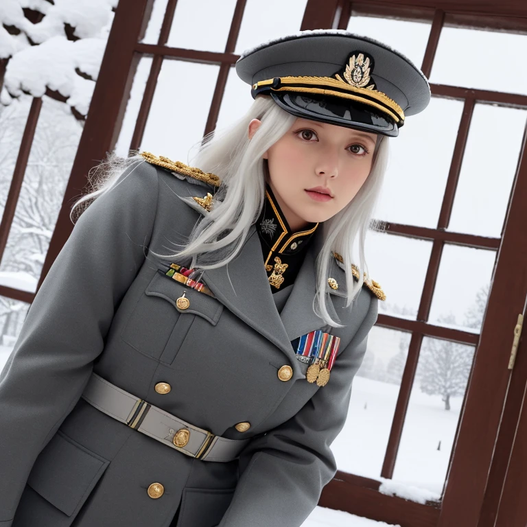 czako, military headdress, russian imperial guard,(grey eyes), uniform, looking at viewer, camouflage military uniform, military, long hair, parted lips, epaulettes, 1girl, solo focus, upper body, bangs, (grey military hat), indoors, jacket, (snow-white hair), long sleeves, window, breast pocket, peaked cap, pocket, military jacket, (low angle shot), rembrandt lighting