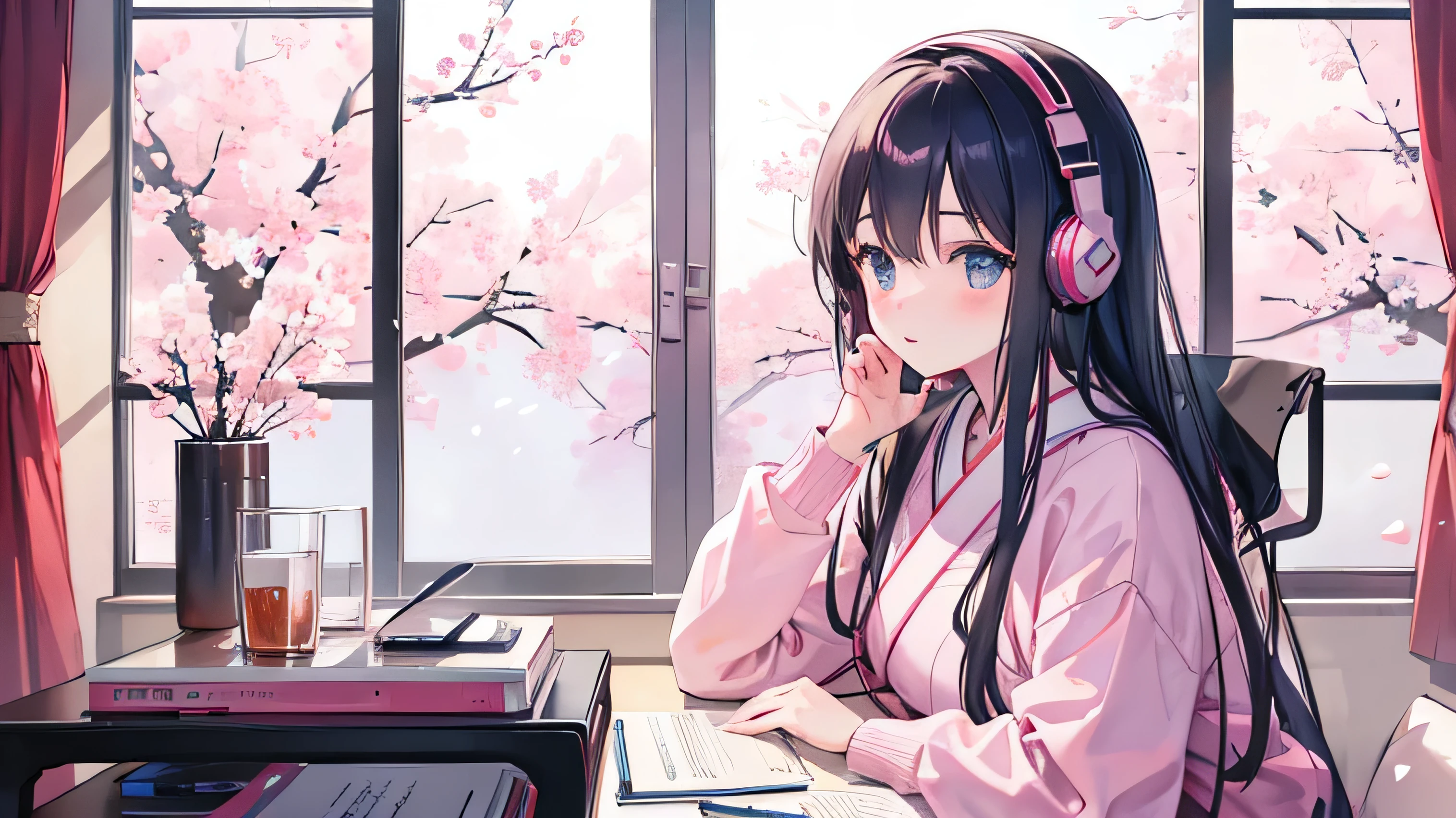 Beautiful girl studying while listening to music on headphones in her room warm lighting There are cherry blossoms outside my room Japanese anime style