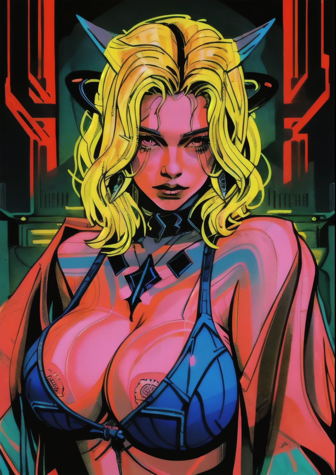 a digital painting of a woman with royal blue and yellow hair, wearing xmen rogue clothes, behance contest winner, afrofuturism, synthwave, neon, glowing neon, huge breast