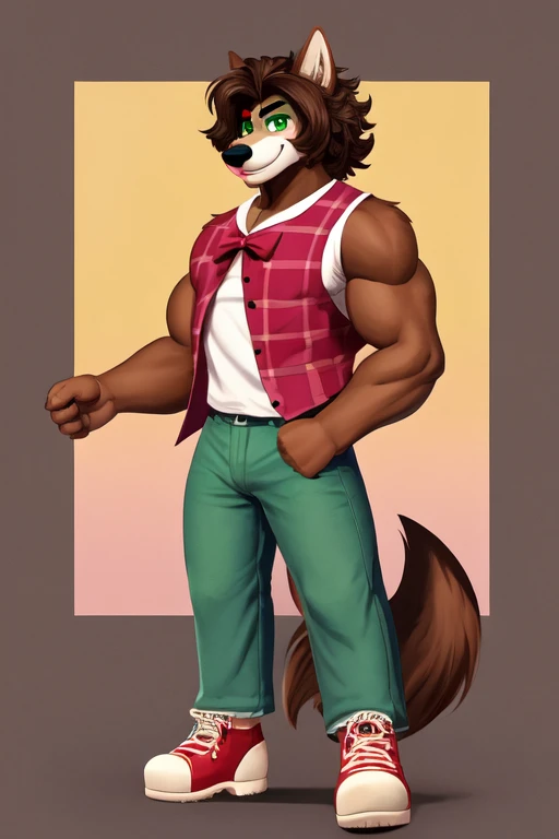 Furry, anthropomorphic wolf, Russet brown fur, dark brown hair, dark green eyes, 6'1 and 173 lbs, 41" Chest, 19" Shoulders, 13" Biceps, 32" waist, 23" Thighs, 15" Calves, 19" Back, wearing Green sleeveless vest, wearing white shirt with long sleeves, Green polka-dot's on shirt, wearing Patchwork pants, wearing clown shoes, wearing clown makeup, smiling calmly, looking mischievous, soft colors, vivid colors, pastel colors, soft shading 