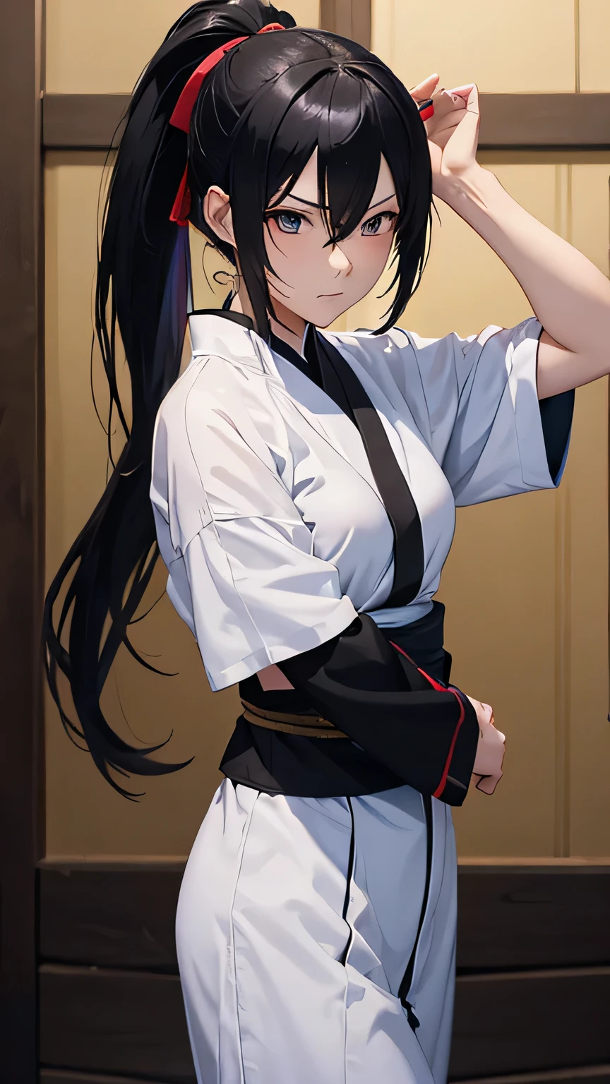 Describe the strongest female ninja。Her name is Tsuruhime。A proud, strong and noble woman。He is glaring at me.。Naked and defeated。black hair。ponytail。white clothes