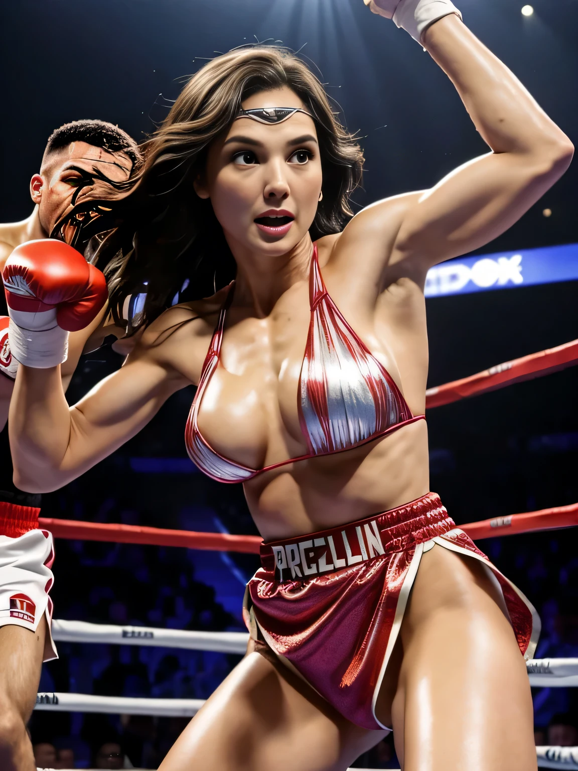 A beauty naked Gal gadot fighting versus naked Boxer Mani Pacquiao on the ring boxing stage scene, beauty huge breast detailed, nipple detailed, pubic hairs detailed, dark hairy pussy detailed, vagina detailed, Boxer Mani Pacquiao with penis detailed, vivid colors