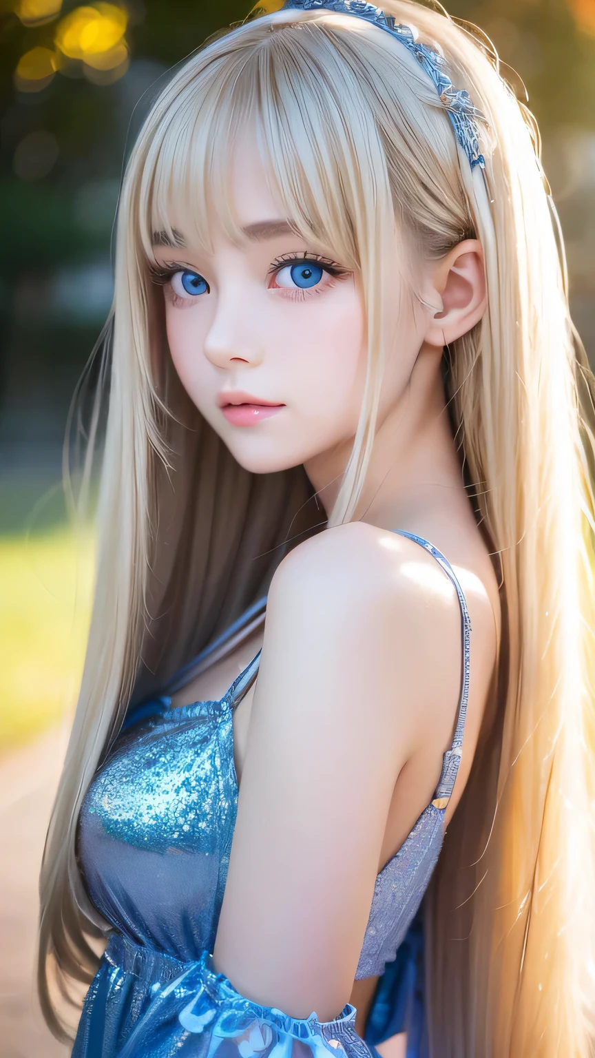 shiny transparent white skin、Windy hair gets in the way of her pretty face、Colossal、Cute little beautiful face of 14 years old、Beautiful super long straight blonde hair、Large, bright, light blue eyes that sparkle beautifully、long silky bangs that cover cute eyes, Sexy Face Hide Hair Super Long Hair Sexy Cute Young Woman Long Natural Blonde Shiny Shiny Hair、cheek highlights、small face beauty、