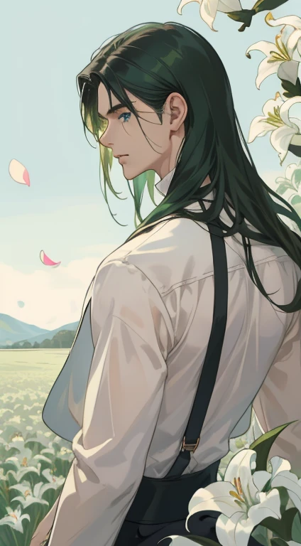 masterpiece, best quality, realistic, 1man, male focus, male model, tall muscular, handsome, closed mouth, simple clothes, portrait, extremely detailed face, green sholder-length hair, flying bangs, blue eyes, flying petals, white background, simple background, SIDE VIEW, looking at the viewers, view from the back, lily field, MALE ONLY, MALE 4K wallpaper, landscape