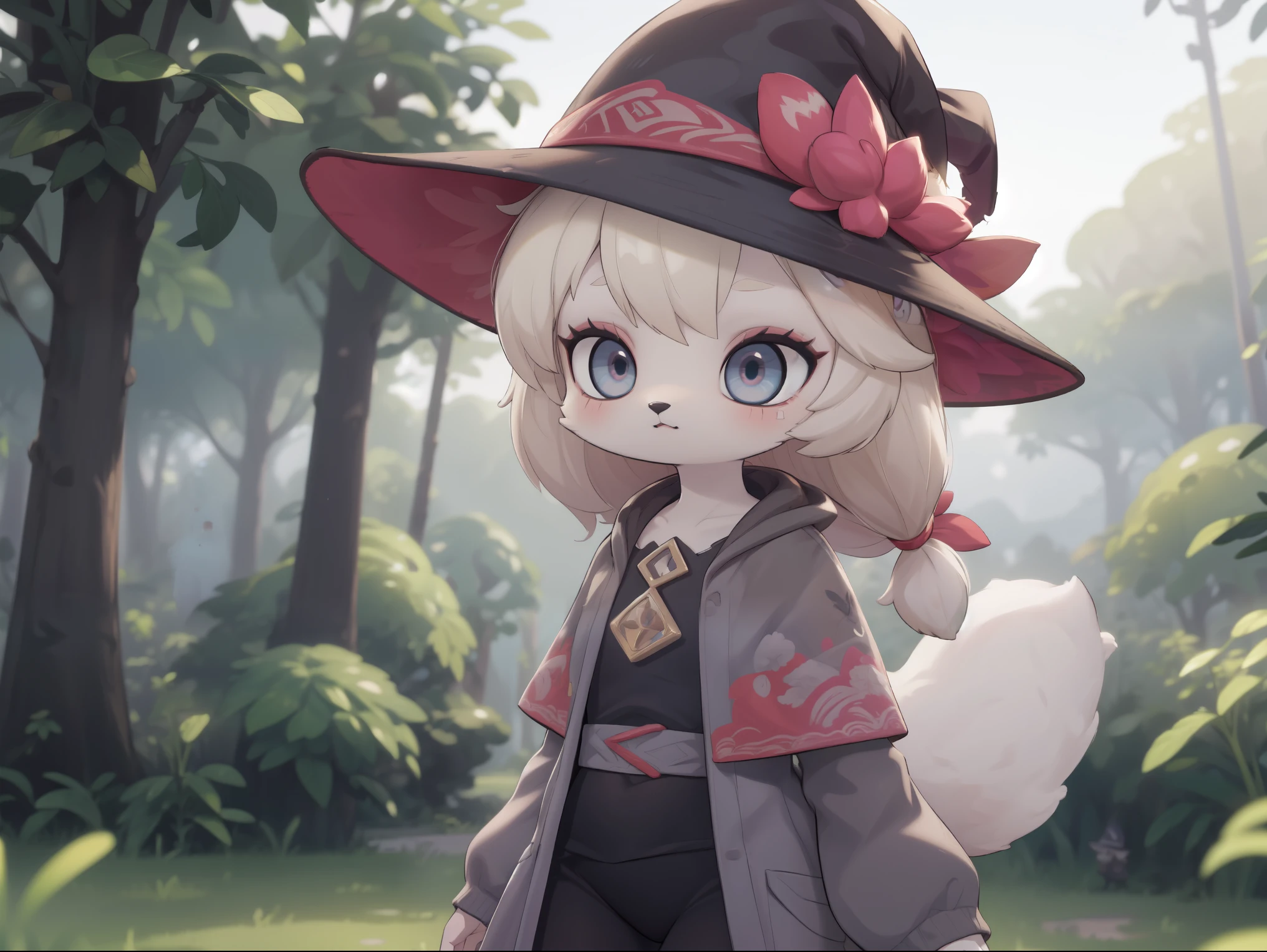 deer, solo, young, cub, chibi, (blue eyes), ((large witch hat)), ((brown hat)), ((brown cloak)), (long green tunic), (blonde hair), (short hair), short deer tail. ((light brown body)), (short brown antlers), short snout, up close, dark dungeon background. Very good figure, cinematic lighting, volume lighting, masterpiece, best quality