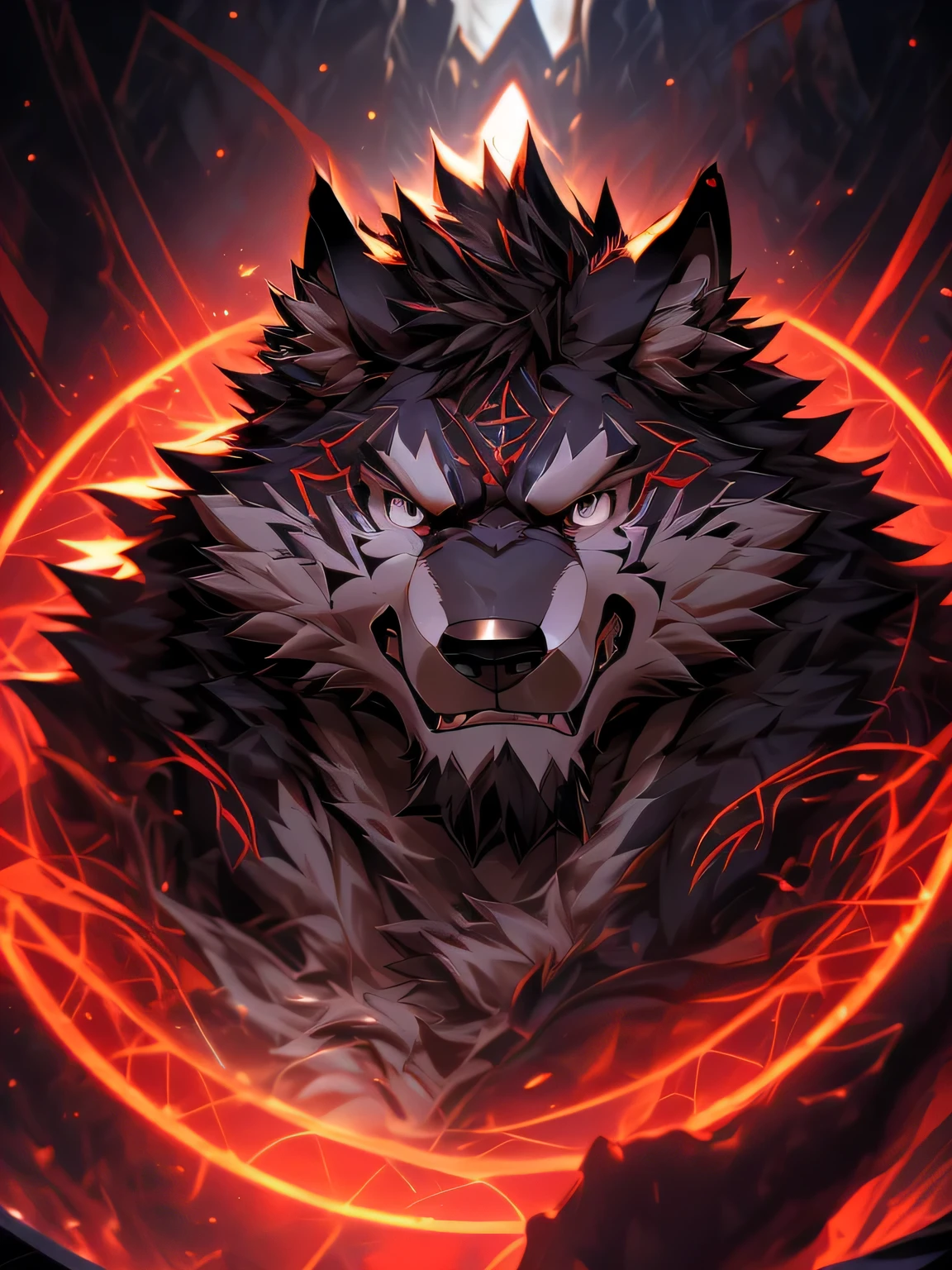 (super detailed,actual,high resolution), Darksiders style, (Dark and mysterious atmosphere:dramatic lighting:1.1), (sharp focus:1.2), (bright colors:1.1), (Detailed muscles:1.1), (intense expression), (Strong wolf),(Naked upper body),(black eyes),(muscular physique), (sinister aura), (There is a red magic circle under your feet), (Elegant and seductive posture), (gray fur), (sharp gaze:Enchanting), (Muscular limbs), (majestic presence), (grin), (Red is faintly visible on the fur), (Sinuous Movement), (Dynamic and captivating composition), (Impressive attention to detail), (Subtle highlights and shadows:Carefully rendered), (unforgettably beautiful), (Majestic and powerful), (Radiate a feeling of awe and fear), (A sinister and fascinating presence), (Carefully crafted), (Complex texture)