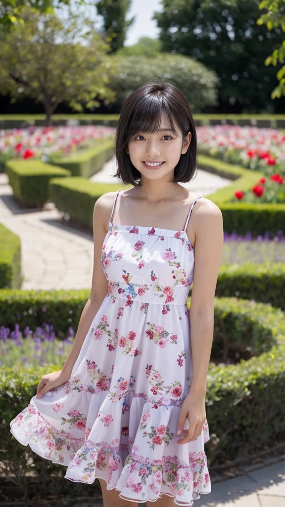 masterpiece, highest quality, disorganized, perfect anatomy, 1 girl, alone, pascal tales, short hair, beautiful, Hilarious, sunny day, botanical garden, Summer winds, sundress, Floral, wavy hair, smile