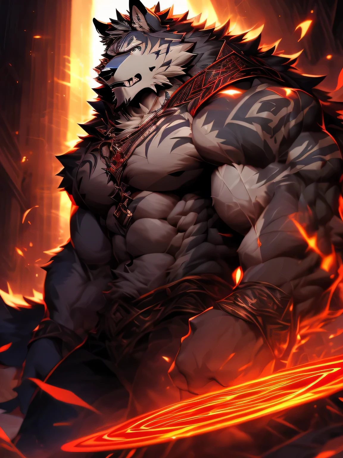(super detailed,actual,high resolution), Darksiders style, (Dark and mysterious atmosphere:dramatic lighting:1.1), (sharp focus:1.2), (bright colors:1.1), (Detailed muscles:1.1), (intense expression), (Strong wolf),(Naked upper body),(black eyes),(muscular physique), (sinister aura), (There is a red magic circle under your feet), (Elegant and seductive posture), (gray fur), (sharp gaze:Enchanting), (Muscular limbs), (majestic presence), (grin), (Red is faintly visible on the fur), (Sinuous Movement), (Dynamic and captivating composition), (Impressive attention to detail), (Subtle highlights and shadows:Carefully rendered), (unforgettably beautiful), (Majestic and powerful), (Radiate a feeling of awe and fear), (A sinister and fascinating presence), (Carefully crafted), (Complex texture)