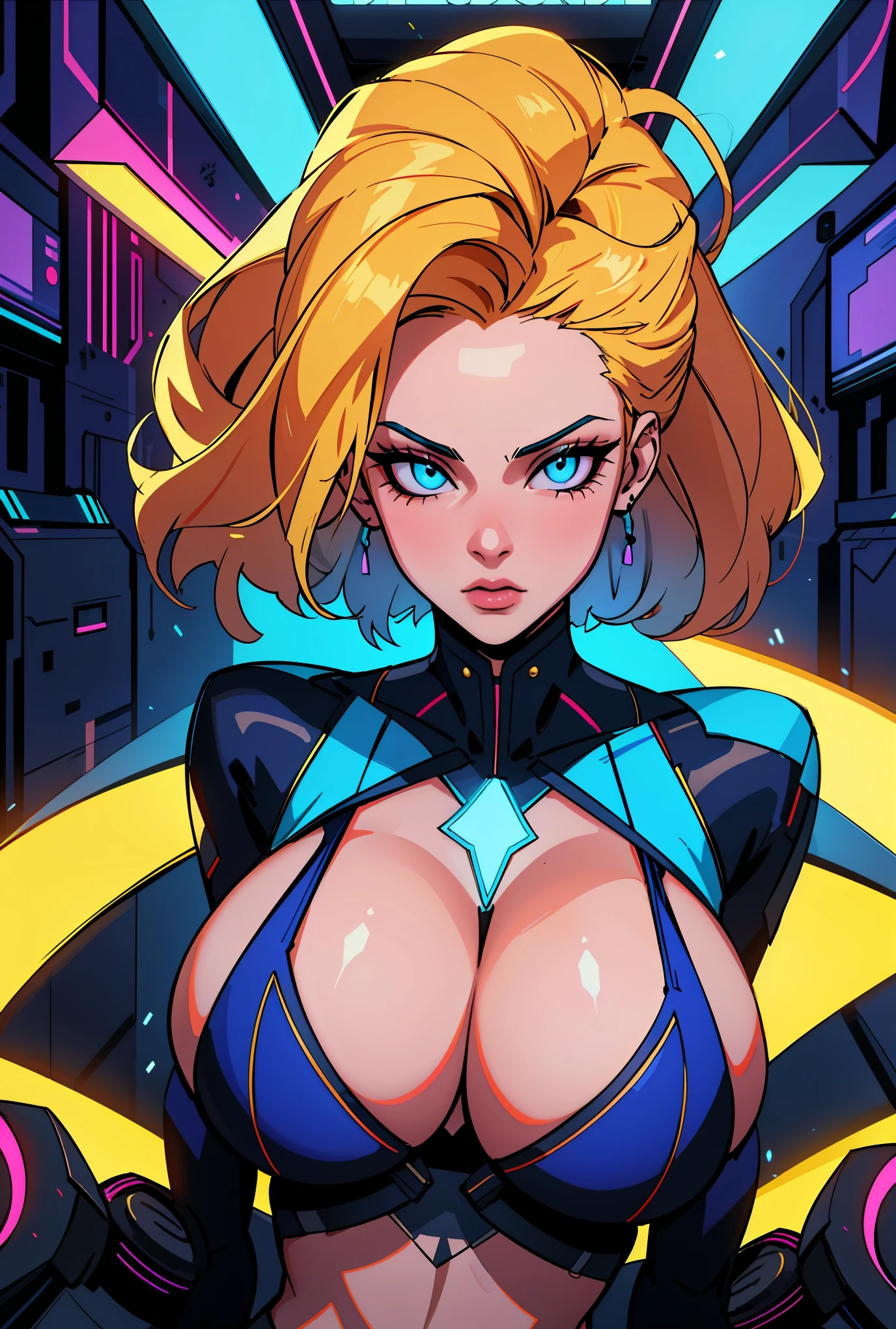 a digital painting of a woman with royal blue and yellow hair, wearing xmen rogue clothes, behance contest winner, afrofuturism, synthwave, neon, glowing neon, huge breast