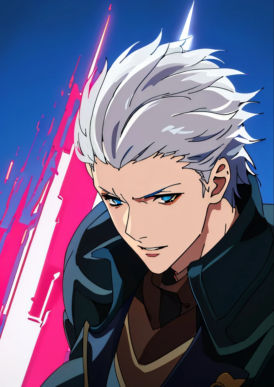 Vergil, upper body, zoom in the face, anime style, devil may cry, 2d vector art, clean render, white hair, blue eyes, casaco longo, espada japonesa, katana, yamato, dark blue background,