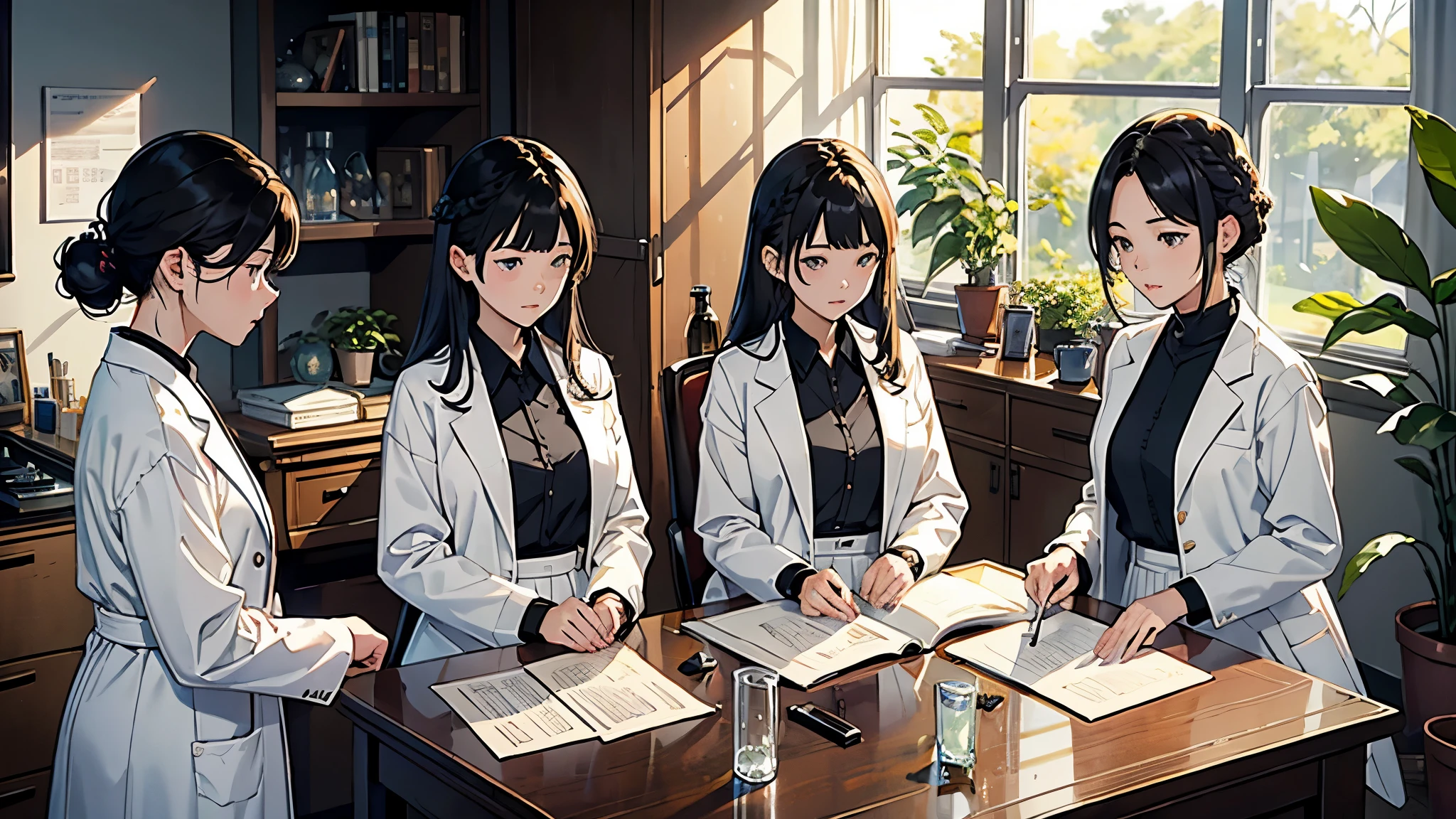 (highest quality、masterpiece、High resolution)、(Sargent-style watercolor)、(anime art)、soft light、((three women))、((The three are talking while looking at documents.))、17 years old、18-year-old、medium short hair、semi-long、hair up、black hair、dark brown hair、braided hair、glasses、detailed depiction of the face、small breasts、uniform、long skirt、((wearing a white coat))、白いブラウスとlong skirt、Institute of Earth Sciences、鉱物標Book、昆虫標Book、化石標Book、標Book棚、Book、Book棚、microscope、Laboratory instrument、Test tube、beaker、flask、Alcohol lamp、Labware、Floral、vase、window、Foliage plant、 blur the background、