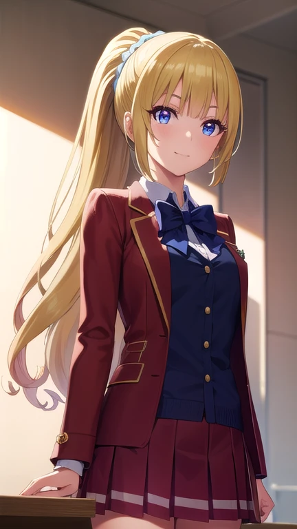 keikaruizawa, kei karuizawa, long hair, bangs, blunt bangs, (purple eyes:1.1), blonde hair, shirt, hair ornament, ponytail, scrunchie, blue scrunchie, smile,
BREAK skirt, shirt, bow, , jacket, (red jacket:1.2), pleated skirt, bowtie, sweater, (blue bow:1.2), (blue shirt:1.2),
BREAK indoors, classroom,
BREAK looking at viewer, (cowboy shot:1.5),
BREAK (masterpiece:1.2), best quality, high resolution, unity 8k wallpaper, (illustration:0.8), (beautiful detailed eyes:1.6), extremely detailed face, perfect lighting, extremely detailed CG, (perfect hands, perfect anatomy),