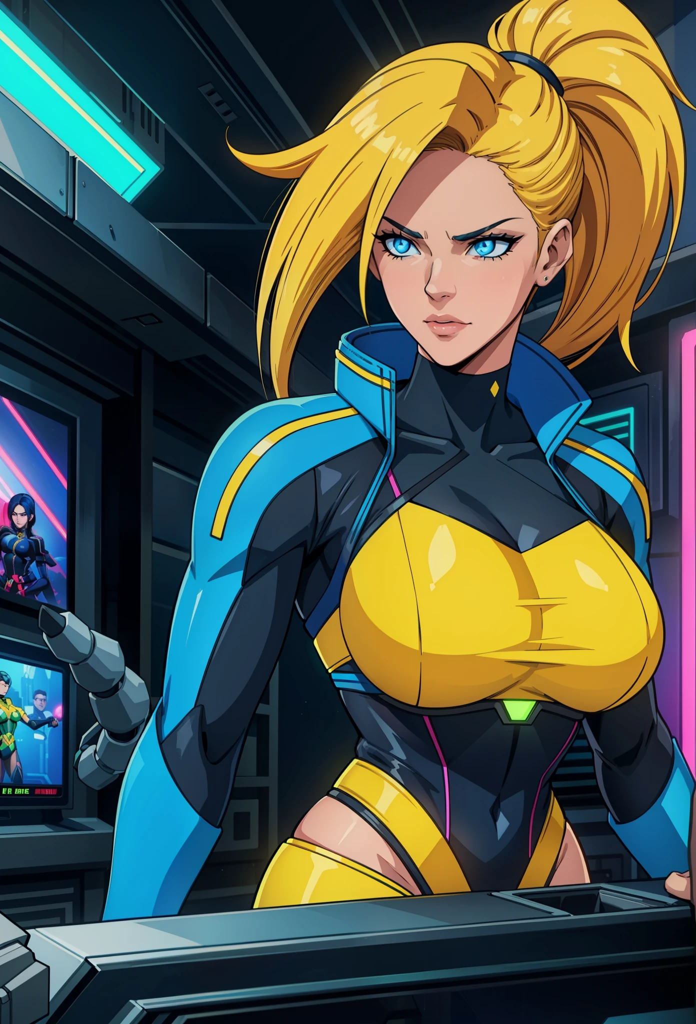 a digital painting of a woman with royal blue and yellow hair, wearing xmen rogue clothes, behance contest winner, afrofuturism, synthwave, neon, glowing neon, huge breast