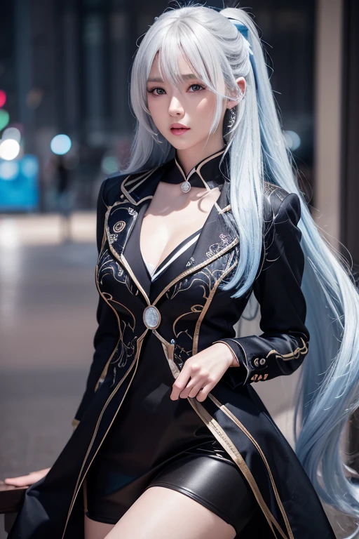 anime style、white skin、white hair、long hair、Hair with blue highlights、look up、The largest and most prominent、Colorful gas expression、seductive big breasts、woman、High-frequency detail (((sharpness))) 、( (sharp focus: 1.2))、puerosface_V1: 0.7)、(8K、highest quality)、Very large chest light)))、beautiful lighting、highly detailed face、well drawn hands、Well drawn legs、Well designed legs、exposed chest、(masterpiece: 1,2)、highest quality、masterpiece、High resolution、Original and highly detailed wallpaper、
information：Business service、Formal coat、Formal Wear、Jacket、black clothes、tie、Closed shirt