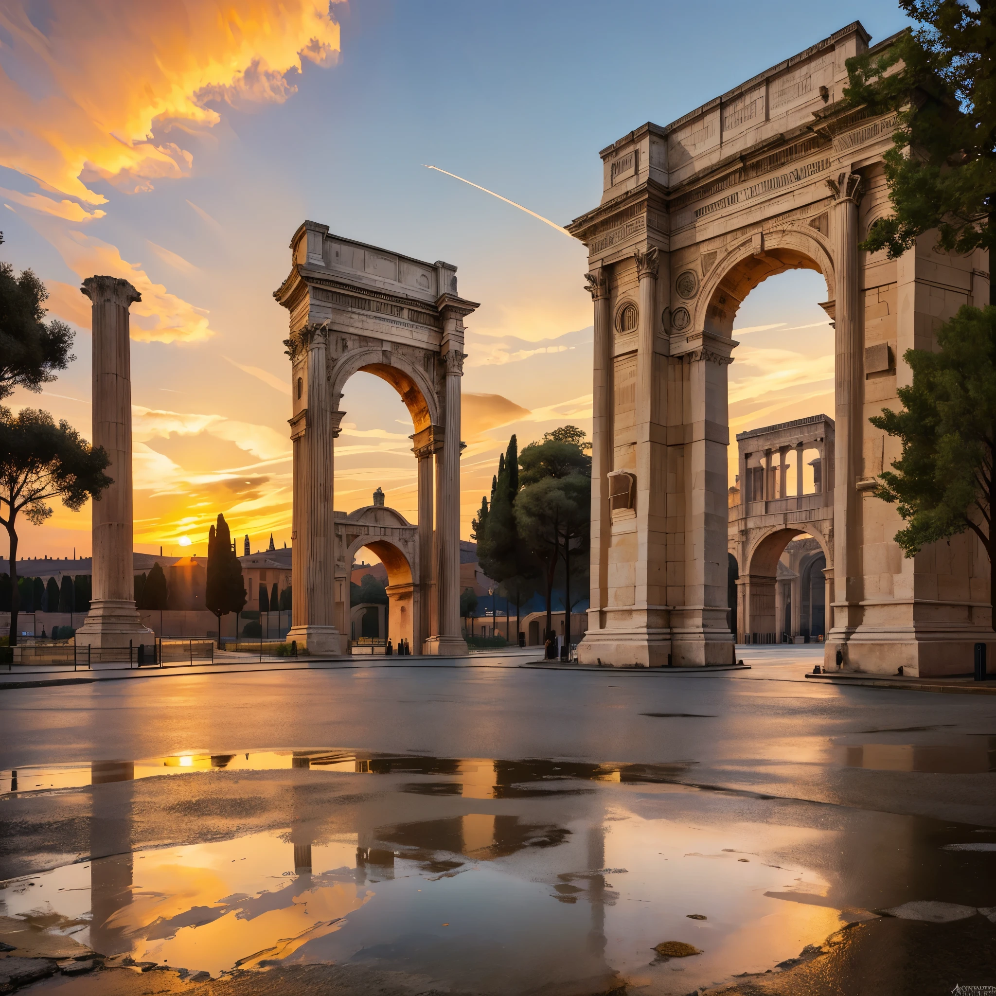 arch of constantine, concrete floor, trees around, a roman coliseum in the background, roman architecture, sunset, with the sunset light giving golden illumination to the place,HDR, ultra resolution, well defined, masterpiece, 8K HD.