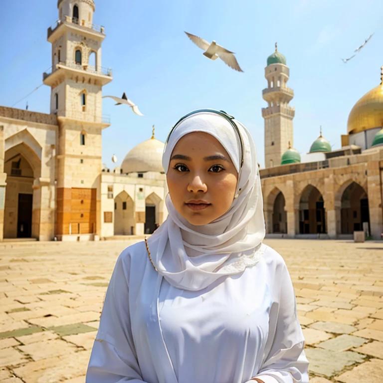 create a pictures of malay women wear hijab infront of mosque, detail white dress,long shawl, palestine flag, full size picture. background mosque, white pigeon, blue sky