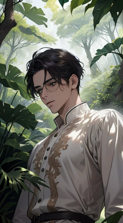 (absurdos, high resolution, ultra detalhado)obra de arte, Melhor qualidade, 1 homem, adulto, bonito, cara alto e musculoso, ombros largos, olhos finamente detalhados, rabo de cavalo baixo cabelo prateado, olhos roxos, White robe, floresta, trees full of vegetation, fluttering leaves, lago, luz natural e sombra, There are glowing particles flying around the man, Fantastic, Conto de fadas, misterioso, brilho brilhante, (dutch angle), boca fechada, Dynamic light and shadow