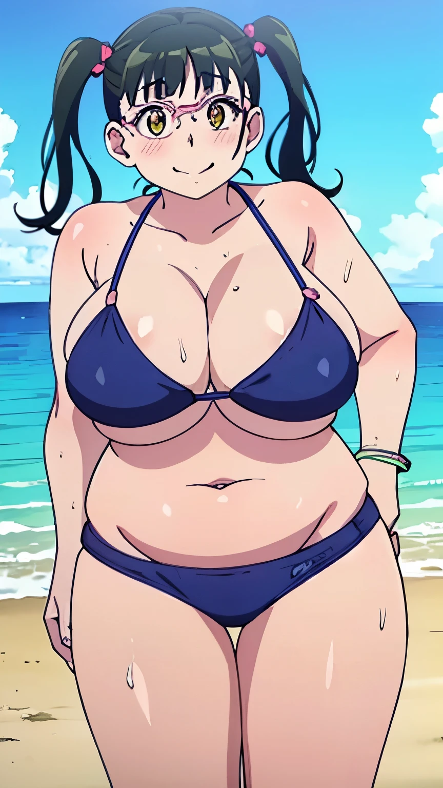 high resolution、high quality、masterpiece、(nikuko(galko),twintail,black hair,((gigantic breasts:1.5)),(chuby,plump:1),wide hip,thick tighs,eye glasses,yellow eyes),(beach,bikini,blush:1.4),(embarrassed,sweat,steam,seductive smile:1.1),((sexy,erotic:1.3)),nipples,bikini lift