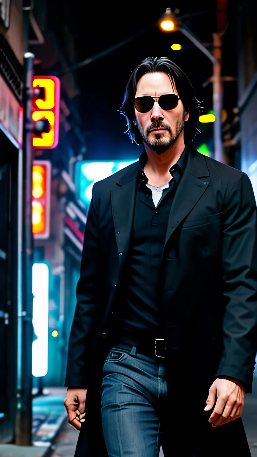 Keanu Reeves as Neo from The Matrix, black coat, butterfly sunglasses, black hair, character focus, portrait, dynamic lighting, dark city alleyway, neon lighting