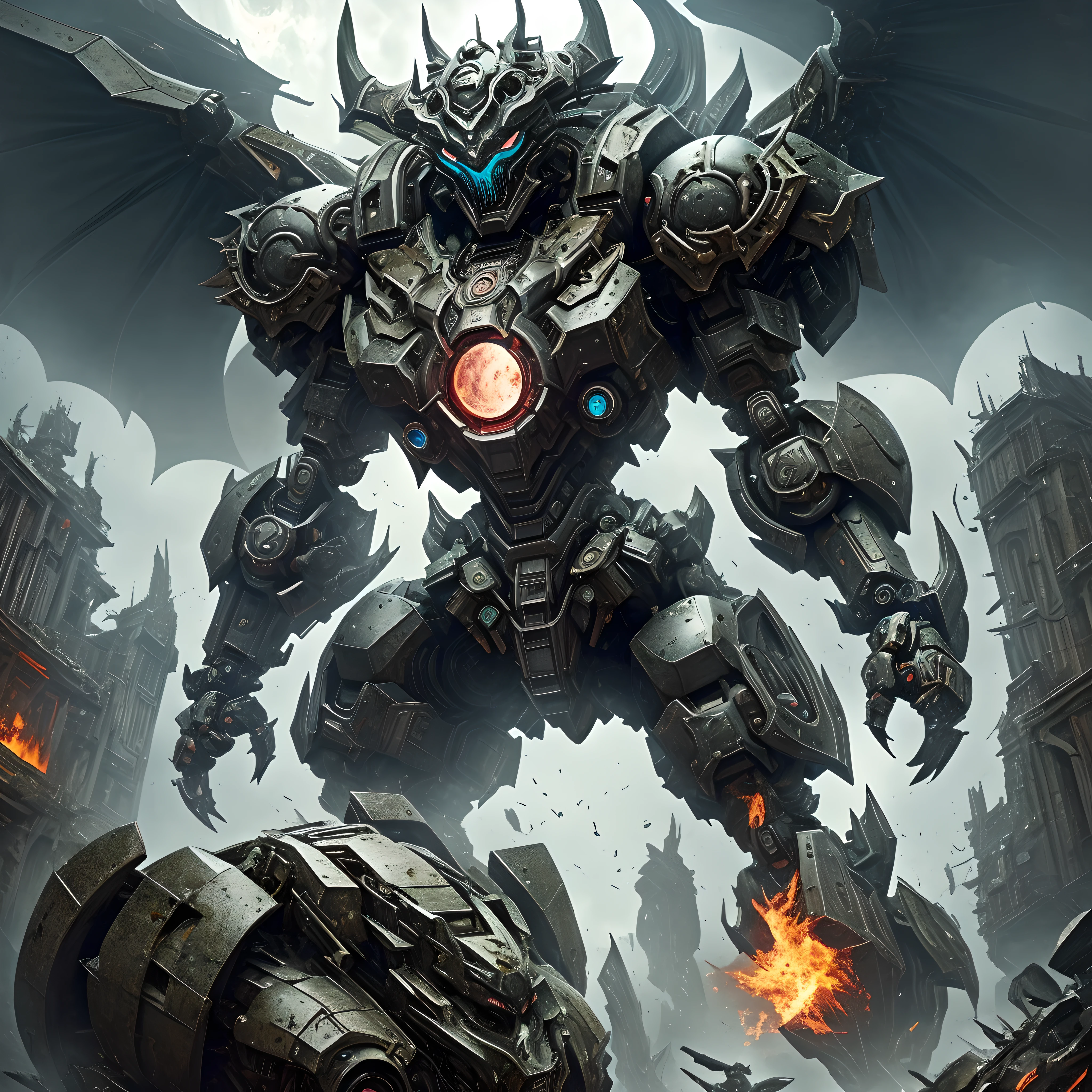 (GIANT mechanical Machamp rampage through a city, crushing buildings beneath their unstoppable metal frames), (official art, 
best quality, highly detailed) (terrifying and imposing design, 
smoke and flames rising from the destruction in the background, a lone figure)
(high-tech bio-mecha armor, metallic, real texture material) (Machamp, 8K), (gigantic muscles, Gigachad Muscular, big muscle, pecs, triceps, traps, unusually developed muscular body, body full of huge muscles. showing off muscles, pectorales enormes, Exaggeratedly huge muscles.),(Spread wings, It has wings, have big wings, golden wings), (whole body shines like metal, Wearing cyberpunk mecha, emphasizes the muscles, suit fully made of metal, intricate armor, Robotic suit, suit fully made of metal, cyborg), (giant Machamp, Machamp's giant robot, Powered exoskeleton with the same design as Machamp), (Masterpiece, highres) (Detailed head, Detailed Body, Detailed abs, full body), (black color hyper penis, hyper black penis), Fight against humanity.