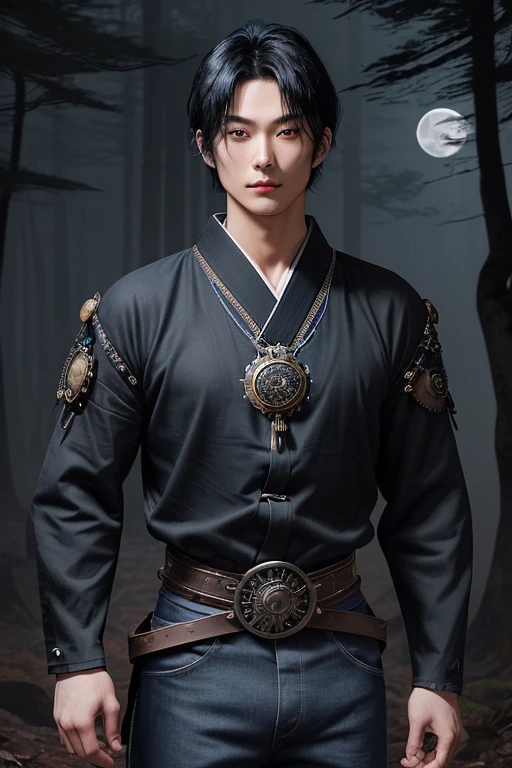 Man in his 20s black hair medieval Japanese clothing Steampunk open blue shirt black jeans slim muscular build moon medallion looking straight at viewer in foggy forest background black belt with star-shaped buckle holding a crystal