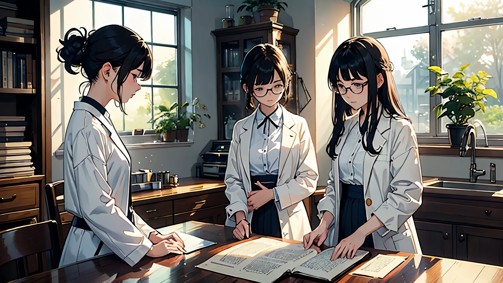 (highest quality、masterpiece、High resolution)、(Sargent-style watercolor)、(anime art)、soft light、((three women))、((The three are talking while looking at documents.))、、18-year-old、medium short hair、semi-long、hair up、black hair、dark brown hair、braided hair、glasses、detailed depiction of the face、small breasts、uniform、long skirt、((wearing a white coat))、白いブラウスとlong skirt、Institute of Earth Sciences、鉱物標Book、昆虫標Book、化石標Book、標Book棚、Book、Book棚、microscope、Laboratory instrument、Test tube、beaker、flask、Alcohol lamp、Labware、Floral、vase、window、Foliage plant、 blur the background、