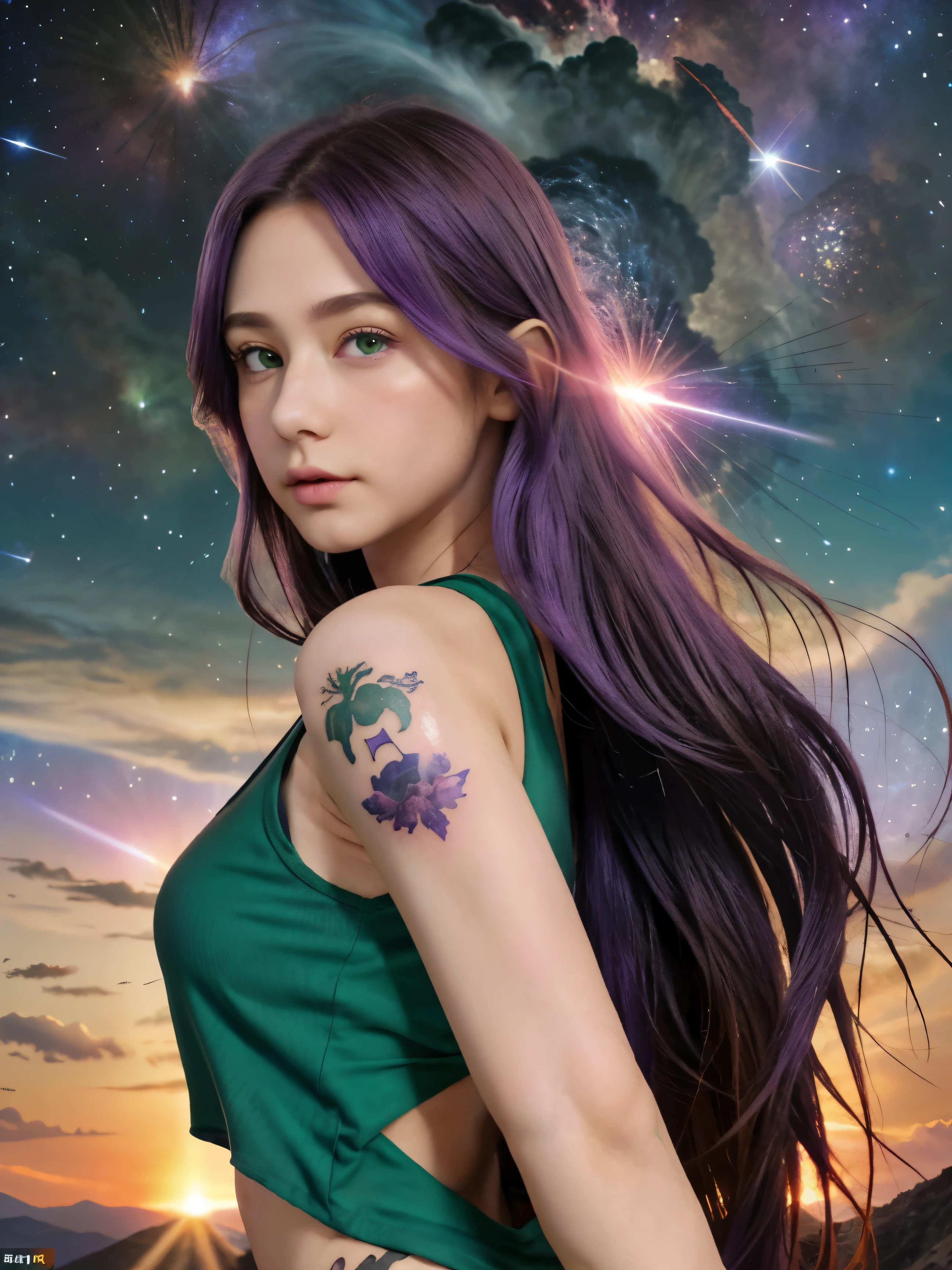 (8k), (highest quality), (best details)purple hair、green eyes、Tank top、tattoo、Long long long hair、Beautiful French woman、supernova explosion、Major volcanic eruption、catastrophe、dawn、sunrise、Gamma-ray burst、big earthquake、Disaster、Countless amoebas moving in the sky