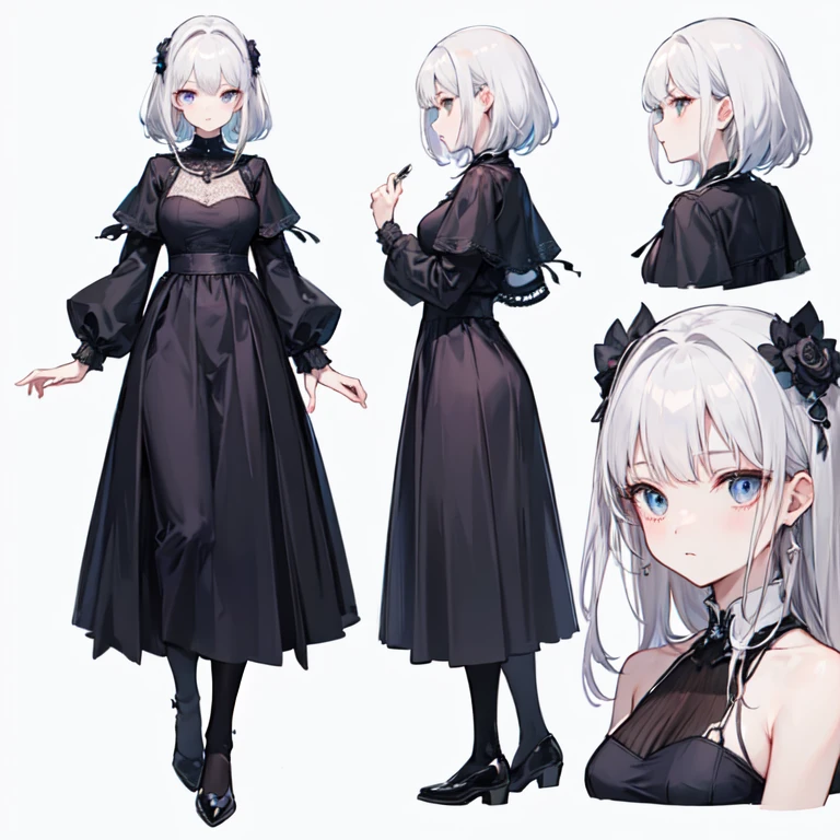 ((Masterpiece)), (highest quality))), (Character design sheet, national costume, same character, front, side, back), illustration, 1 girl, full body, silver hair, eye hair, beautiful eyes, princess cut, environmental change scene, short skirt, shyness, woman, girl, standing, goth , V-tuber, chartaan betarola, (simple background, white background: 1.3) ( Masterpiece:1.2), (Best Quality:1.3)