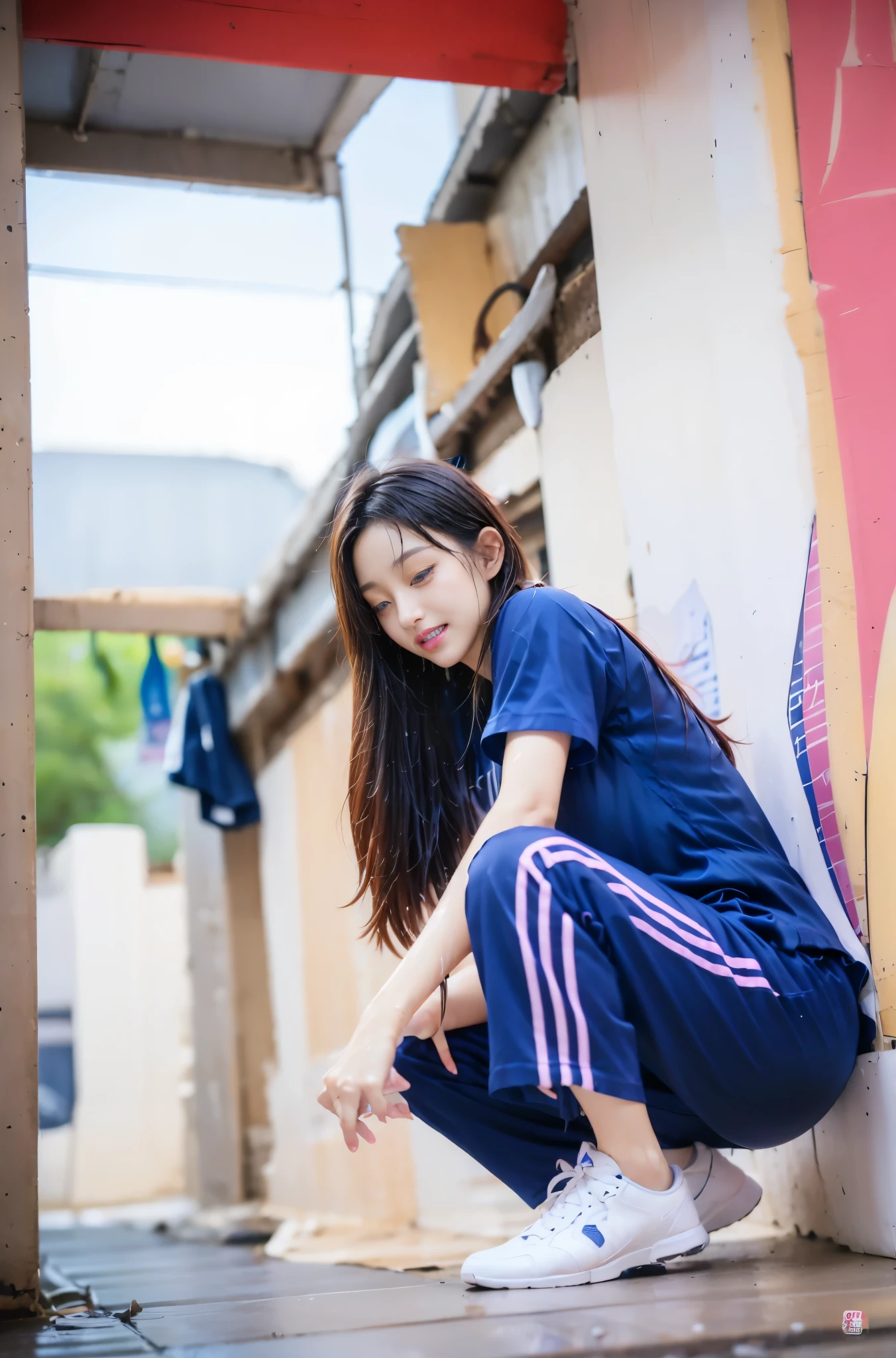 Songkran, wet street , A very realistic girl, wet soaked, drop, wet clothes, wet skin, wet hair, 8k, Masterpiece, realistic, beautiful,purple efficiency,Navy trousers,wet:1.5,dirty white powder