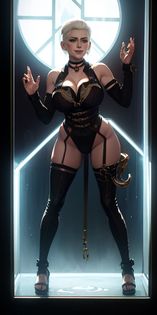 dark fantasy anime illustration of a (mature MILF BIMBO albino skin and short white hair), (FULL BODY) perfect face, wearing tight leather stealth armor, stalking, BIG KNOCKERS CLEAVAGE, lustful smirking smile red blush red cheeks, chain leash, kneeling, shackles, leather black collar slave, ((BLACK background)) hands on glass WITH KNOCKERS on glass, glass window fog water drop, 5 fingers each hand, metal handcuffs, black choker collar, thighhighs, long legs, metal ankle, metal sandals, metal shoulders, standing straight symmetrical against glass