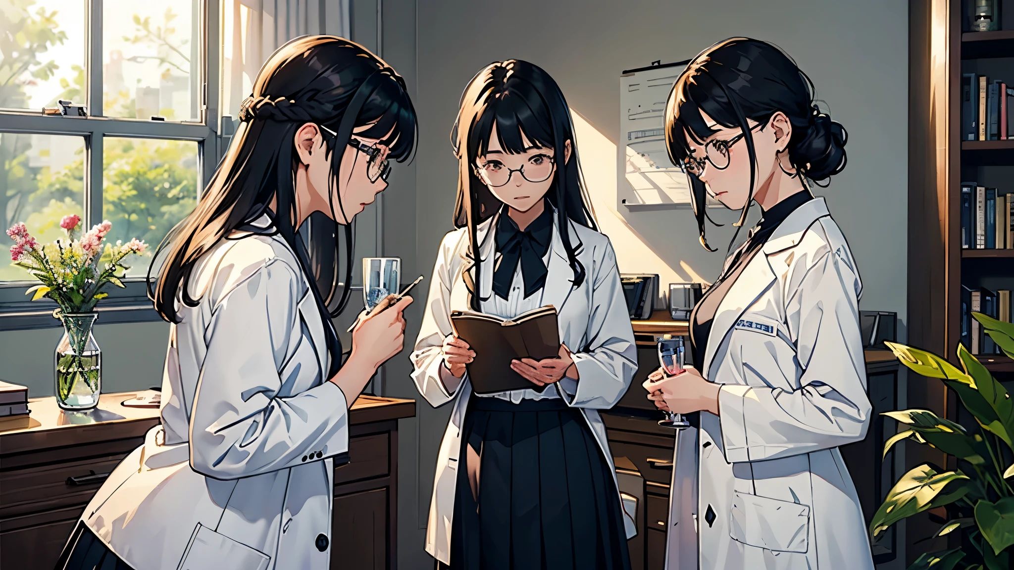 (highest quality、masterpiece、High resolution)、(Sargent-style watercolor)、(anime art)、soft light、((three women))、((The three are talking while looking at documents.))、、18-year-old、medium short hair、semi-long、hair up、black hair、dark brown hair、braided hair、glasses、detailed depiction of the face、small breasts、uniform、long skirt、((wearing a white coat))、白いブラウスとlong skirt、Institute of Earth Sciences、鉱物標Book、昆虫標Book、化石標Book、標Book棚、Book、Book棚、microscope、Laboratory instrument、Test tube、beaker、flask、Alcohol lamp、Labware、Floral、vase、window、Foliage plant、 blur the background、