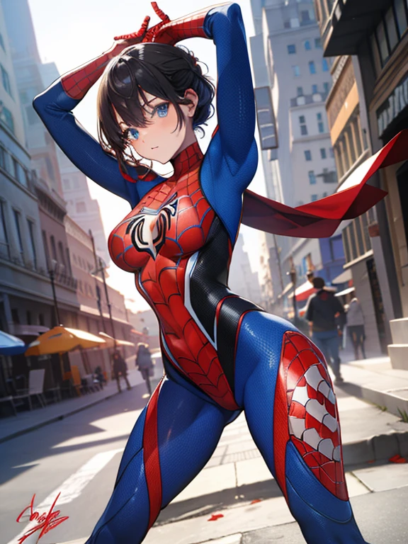 （（（optimal quality））），（（（superdetailed））），（（（masterpaintinganga book））），Cool female superhero，Female Spider-Man，sexy pose, standing，Spider-Man's signature move，Dynamic，Voice bubbles，Fighting，bang between eyes，The background is the ruins of the city after the Great War，Epic cinematic footage。