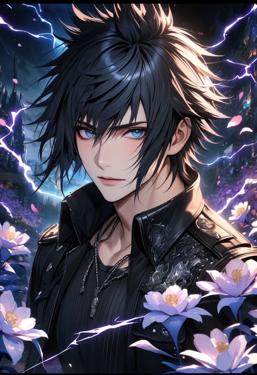 Ultra detailed, Highres, absurdres, HDR, Noctis Lucis Caelum, blue eyes, black hair, Final Fantasy XV, purple lightning, handsome, 1 man only, very detailed face and eyes, flowers and petals