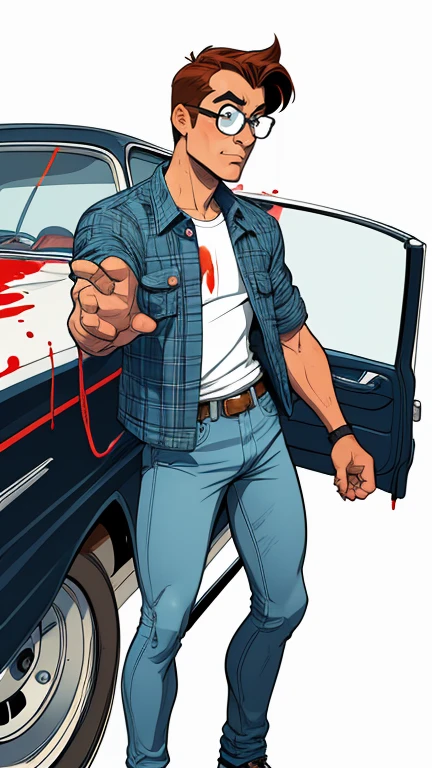 Character Arnie Cunningham nerd style skinny defenseless skinny with glasses big ironed hair well combed black allstar tennis jeans short coat blue and black plaid jacket style and counting in his car Cartoon style digital illustration and classic red and white Plymouth Fury car from 1958 Cartoon style digital illustration white background car dirty with blood