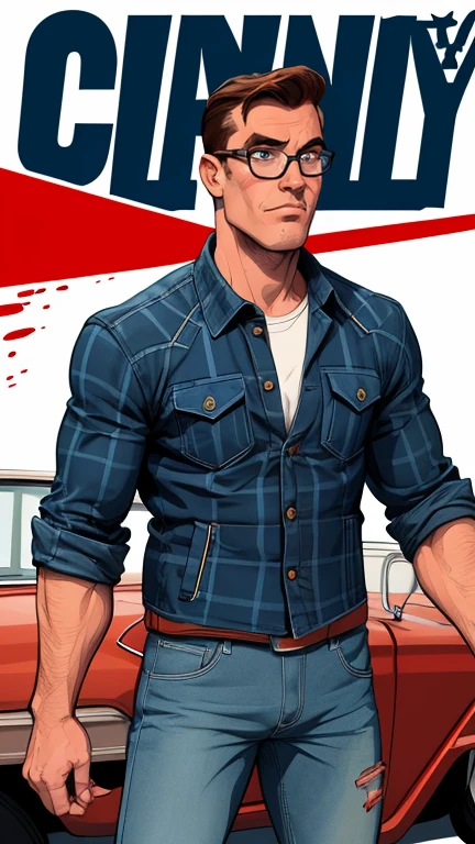 Character Arnie Cunningham nerd style skinny defenseless skinny with glasses big ironed hair well combed black allstar tennis jeans short coat blue and black plaid jacket style and counting in his car Cartoon style digital illustration and classic red and white Plymouth Fury car from 1958 Cartoon style digital illustration white background car dirty with blood